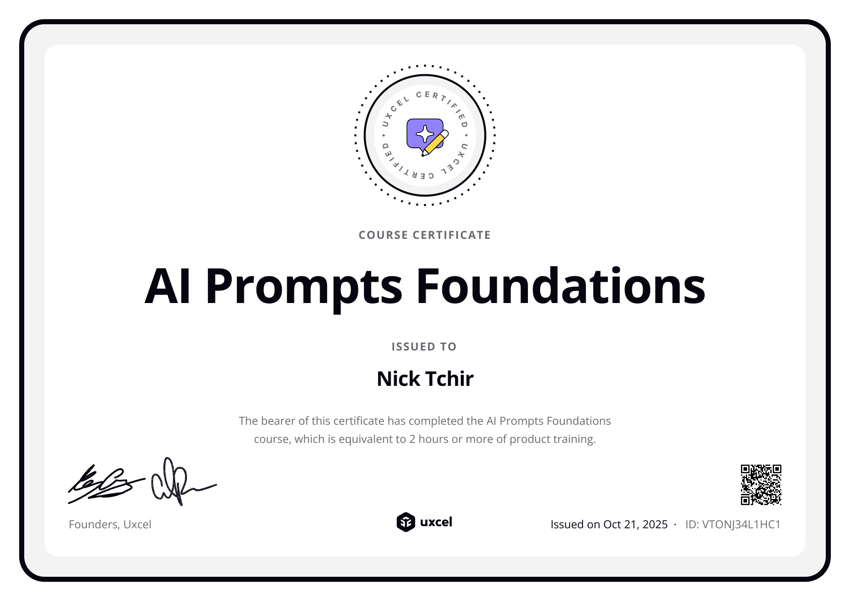 Nick Tchir's certificate